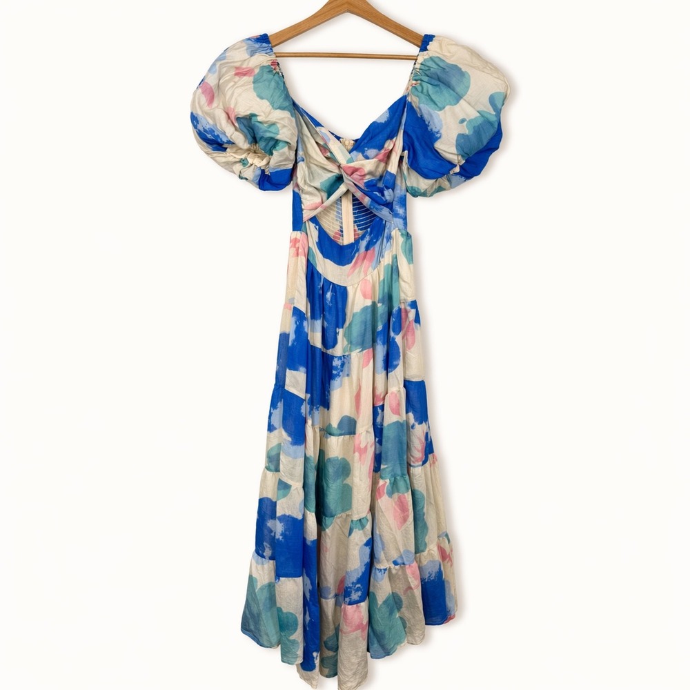 Blue Floral Maxi Dress with Puff Sleeves